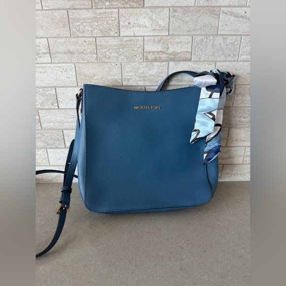Michael Kors Handbags - Michael Kors Blue Saffiano Leather Shoulder Bag with Scarf Accent